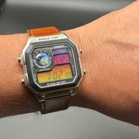 Casio AE1200WH Custom Sunset Filter Globe Leather Strap World Time - Picture 16 of 17